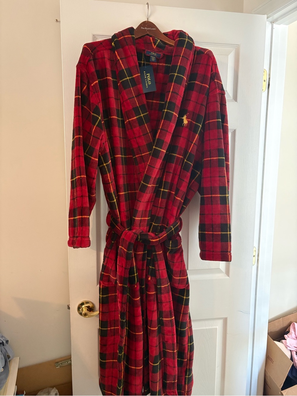 NEW Ralph Lauren Red Black Plaid Plush Men's Robe with Yellow Pony